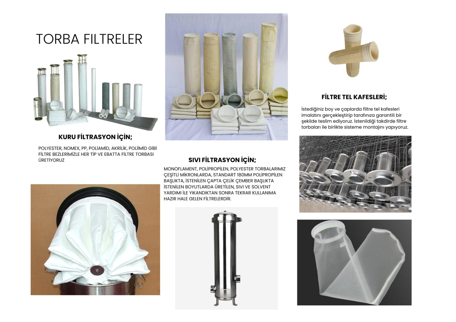 Polyester, Nomex ve polipropilen toz torba filtreleri ile tel kafes çeşitleri Gebze